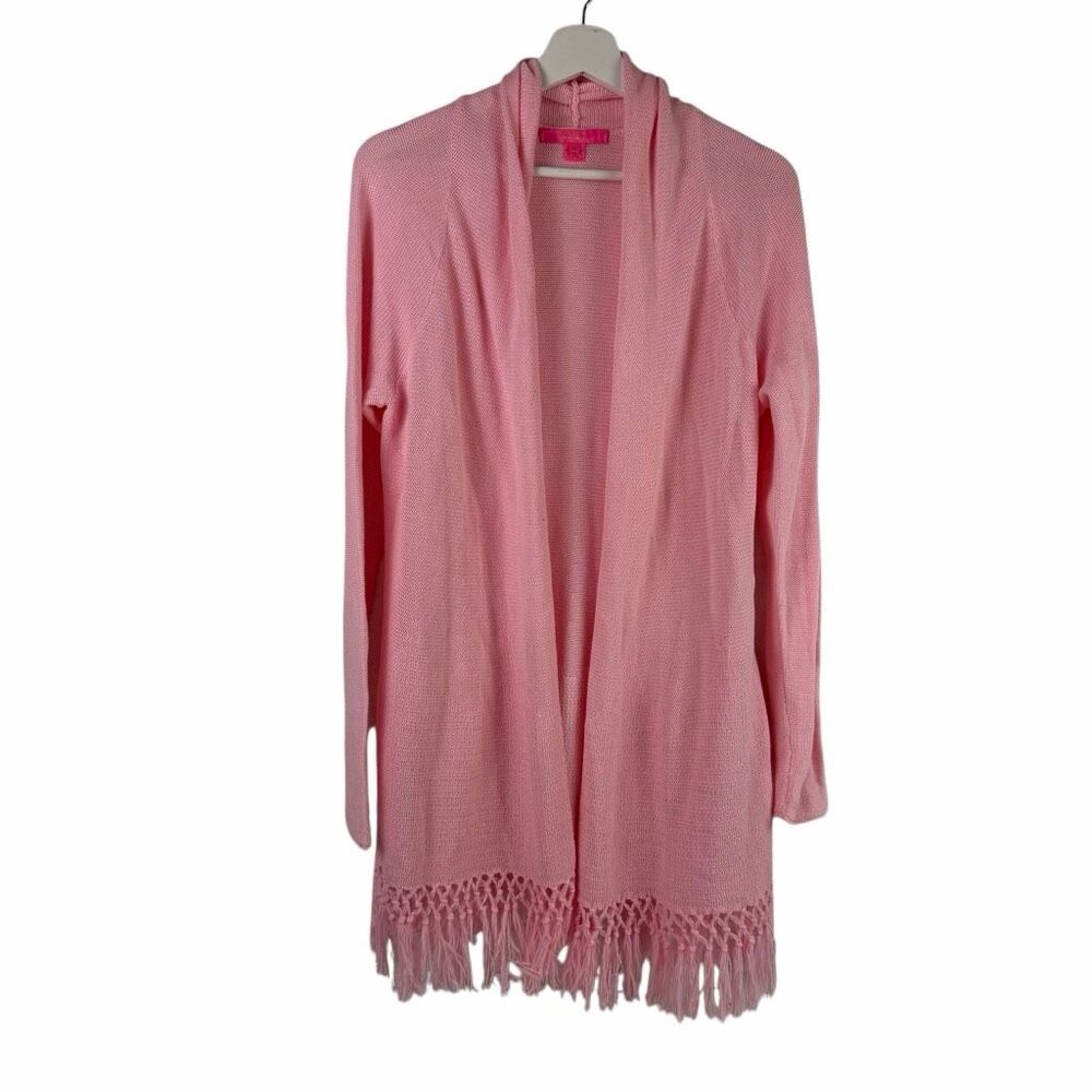 Lilly Pulitzer Tatum size Medium open-front light pink cardigan fringe hem